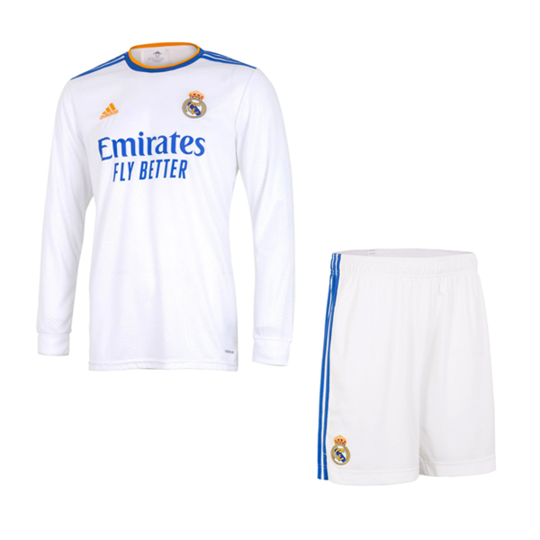 2021/22 Real Madrid Kids Long Sleeve Home Soccer Kits Shirt With Shorts